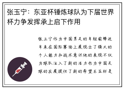 张玉宁：东亚杯锤炼球队为下届世界杯力争发挥承上启下作用