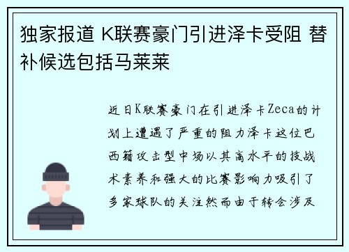 独家报道 K联赛豪门引进泽卡受阻 替补候选包括马莱莱