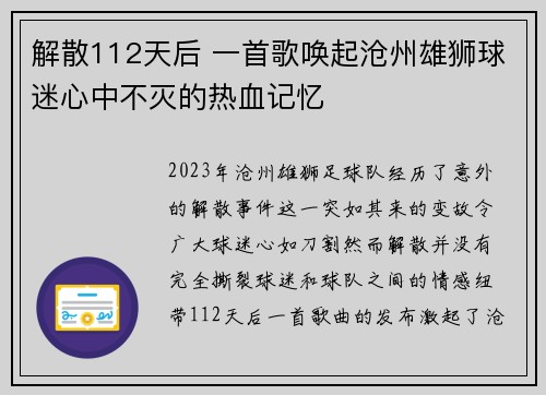 解散112天后 一首歌唤起沧州雄狮球迷心中不灭的热血记忆